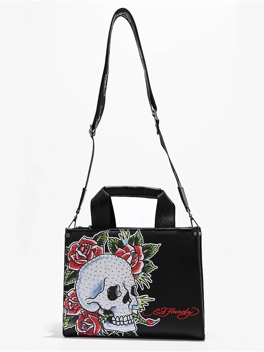 Ed Hardy Black Skull & Roses Satchel with Red and Green Accents
